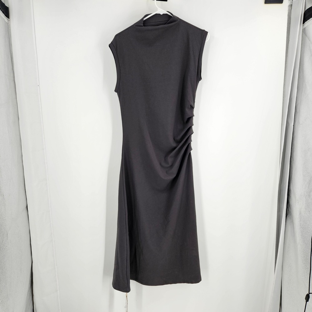 OGL Women's Midi Dress Dark Gray Thermal Cotton Tucks Ruched Mock Neck NWT Sz L